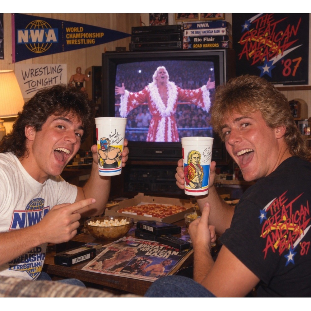 1987 Great American Bash Ric Flair Road Warriors Cups NWA Wrestling Vintage Set